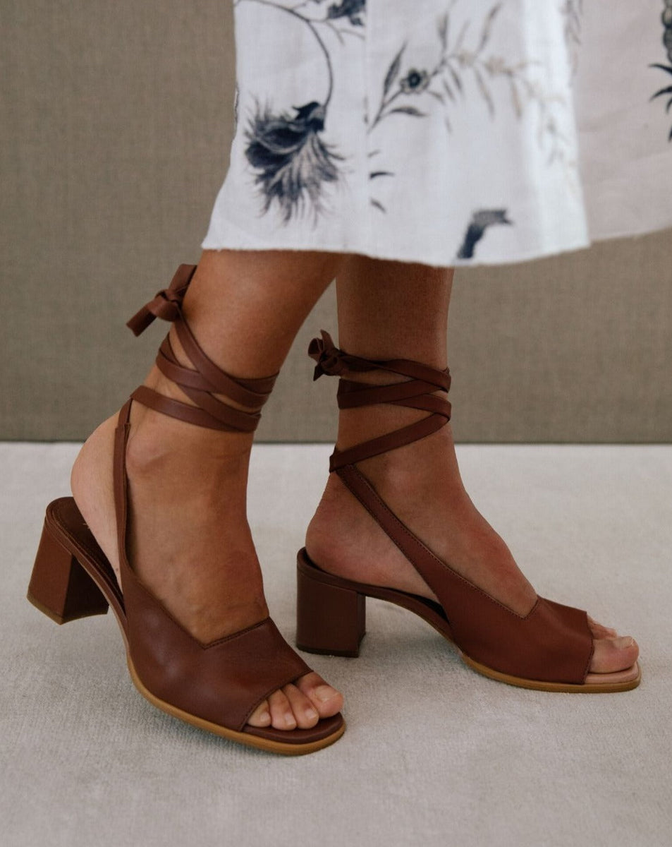 The Lille Leather Block Heels by Alohas Brown THE SKINNY