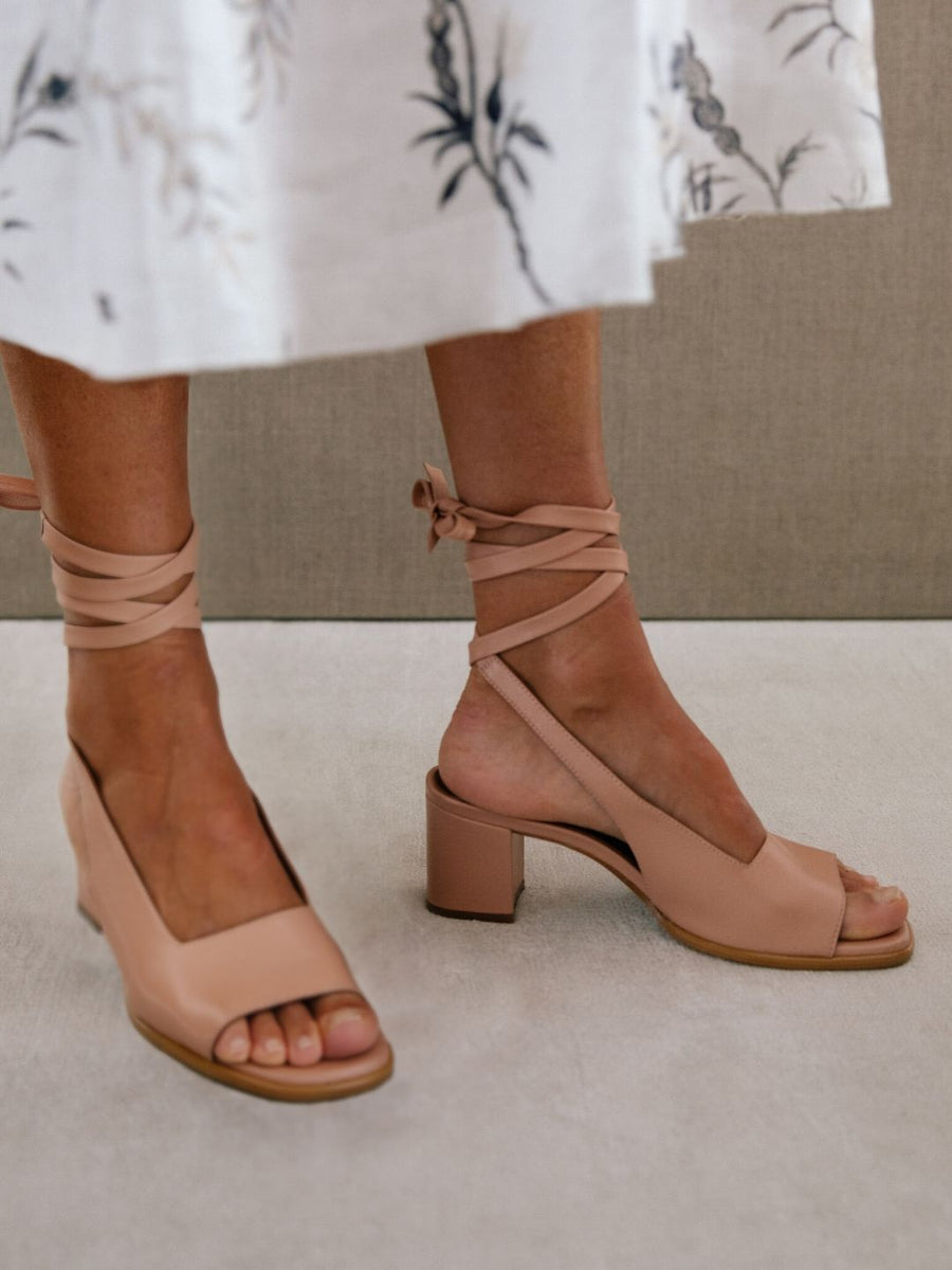 The Lille Leather Block Heels by Alohas Peach THE SKINNY