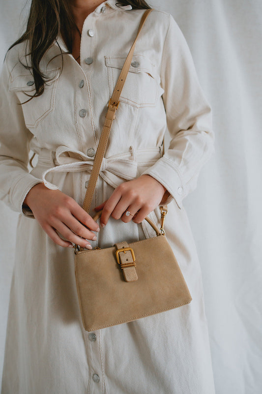 The Charly Mini Buckle Bag by Dolce Vita - Tan Suede