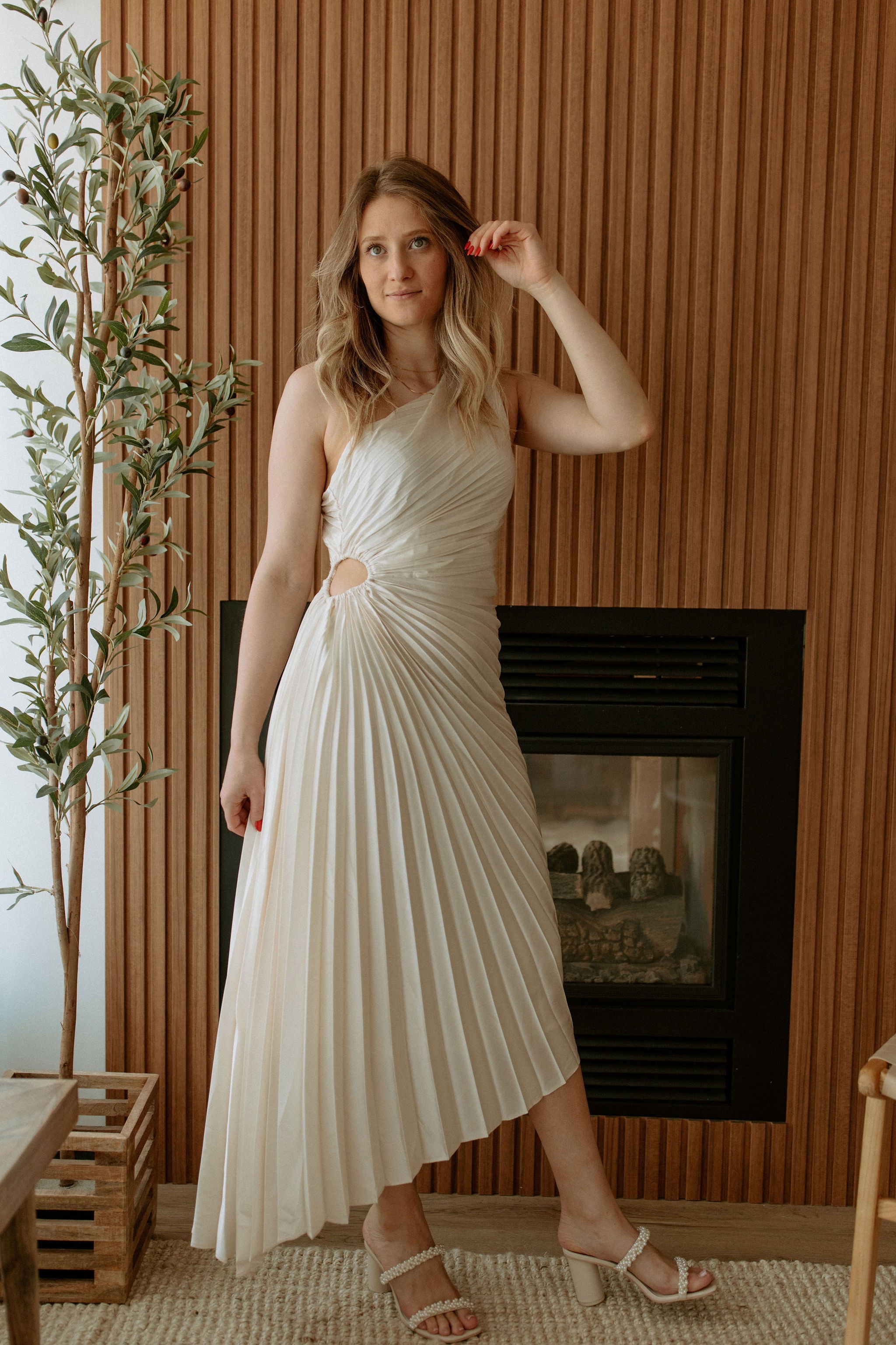 The Olympia Asymmetrical Pleated Dress - Pearl