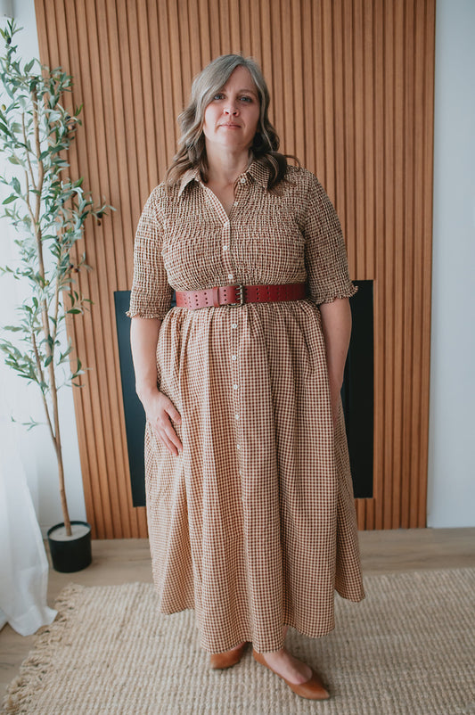 The Heritage Button Up Midi Dress - Chestnut Gingham - PLUS
