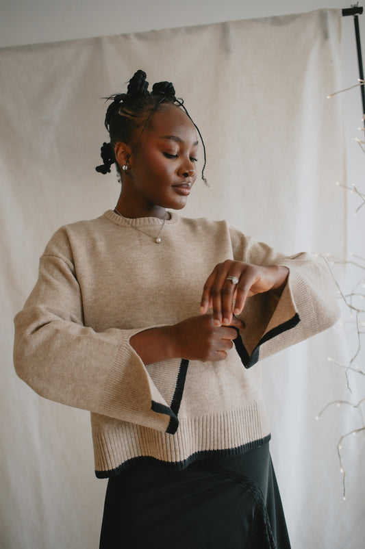 The Angelina Cuff Slit Crew Sweater - Beige + Black