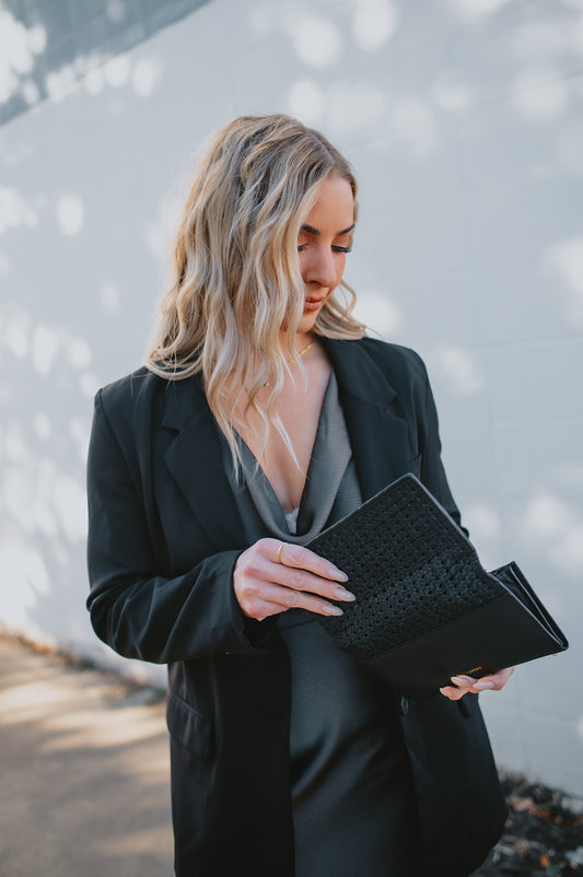 The Playa Woven Crossbody Purse - Black Leather