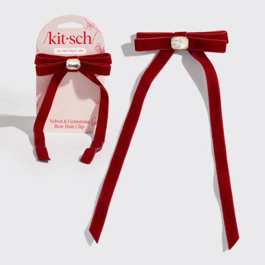 The Holiday Velvet Gemstone Bow Hair Clip - Red
